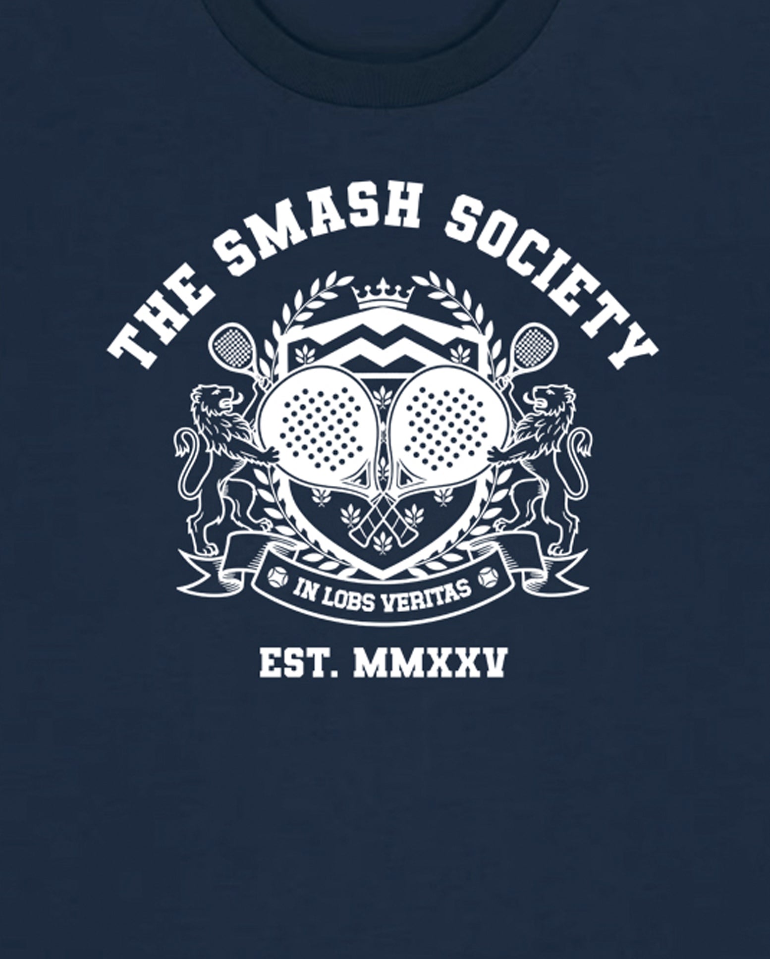 Navy blue padel t-shirt with 'The Smash Society' logo featuring ping pong paddles and text.