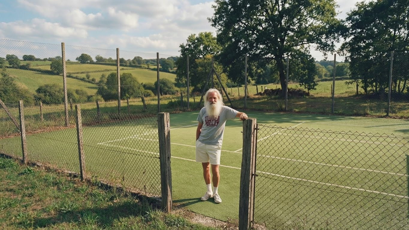 Man with a long white beard standing on a tennis court with a scenic background and wearing a vibora valley padel t-shirt