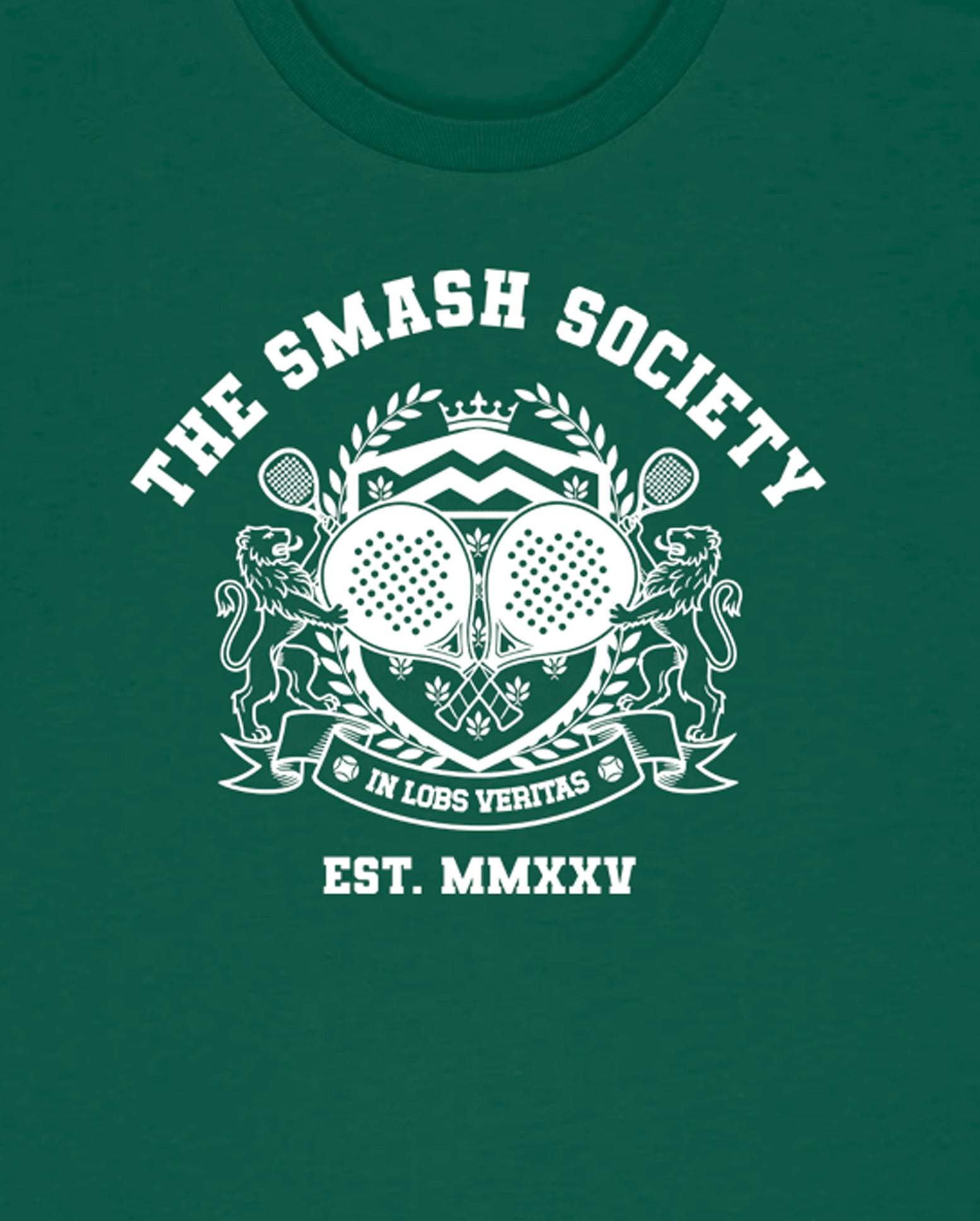 Green t-shirt with 'The Smash Society' logo featuring padel rackets and laurel leaves on a green background.