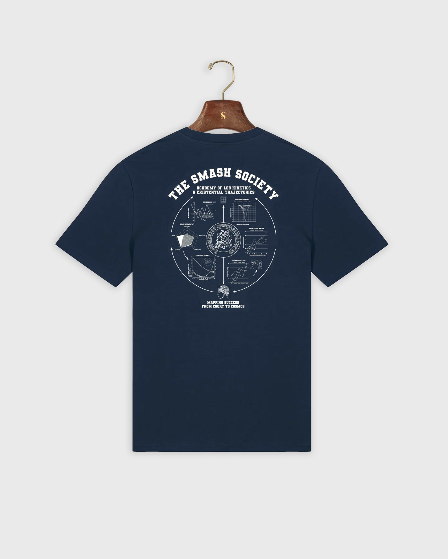 Navy blue padel t-shirt with the smash society graphic design on a white background