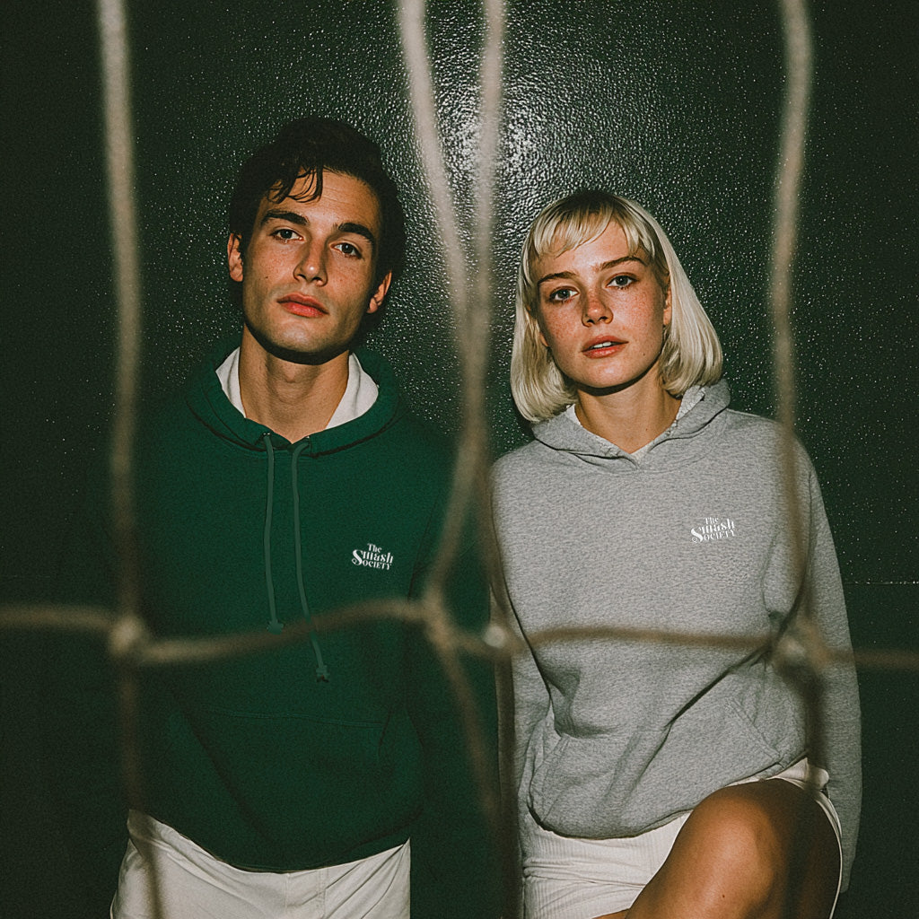 Two people wearing padel hoodies with a brand logo, standing behind a mesh fence.