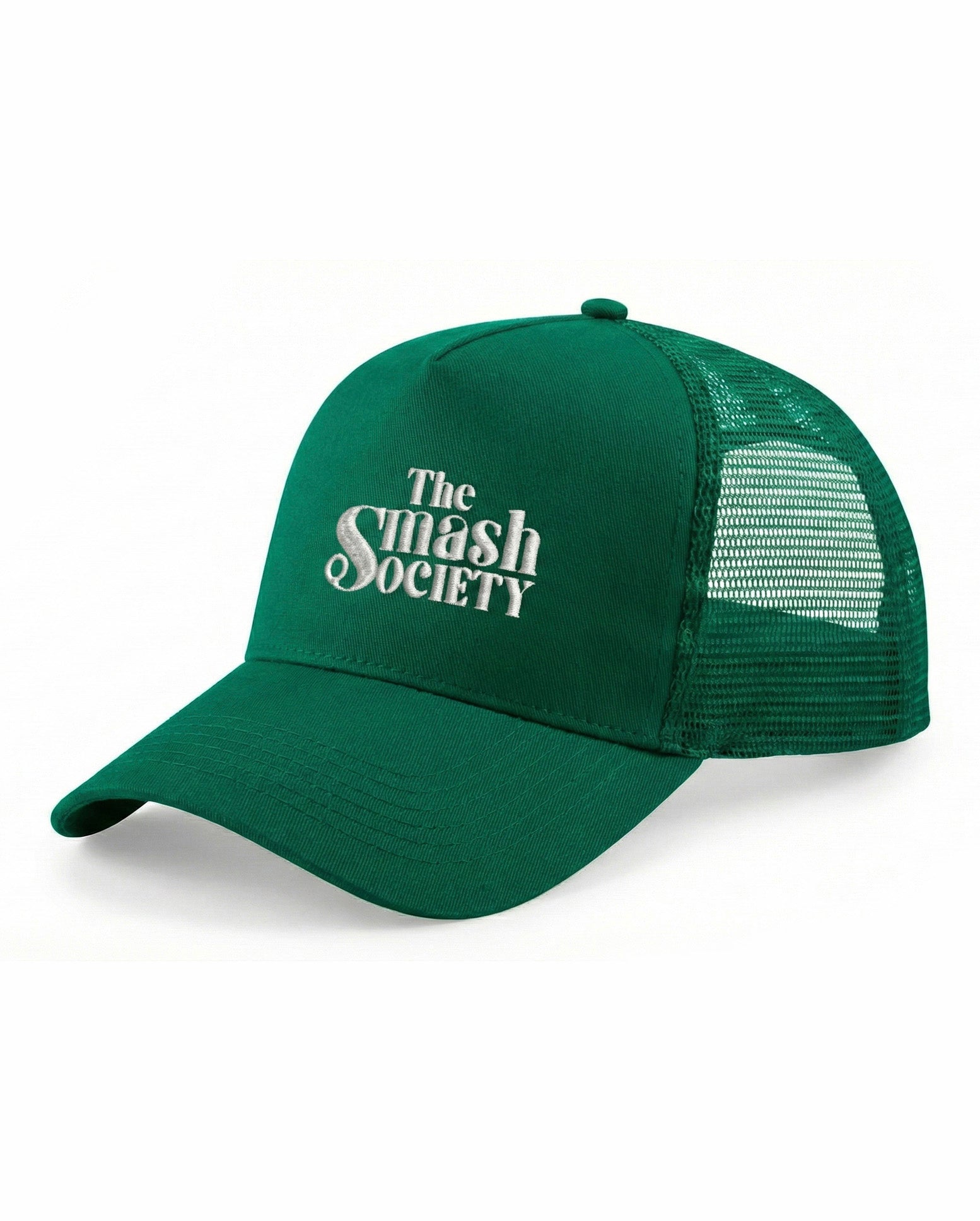 Green padel cap with 'The Smash Society' logo on a white background