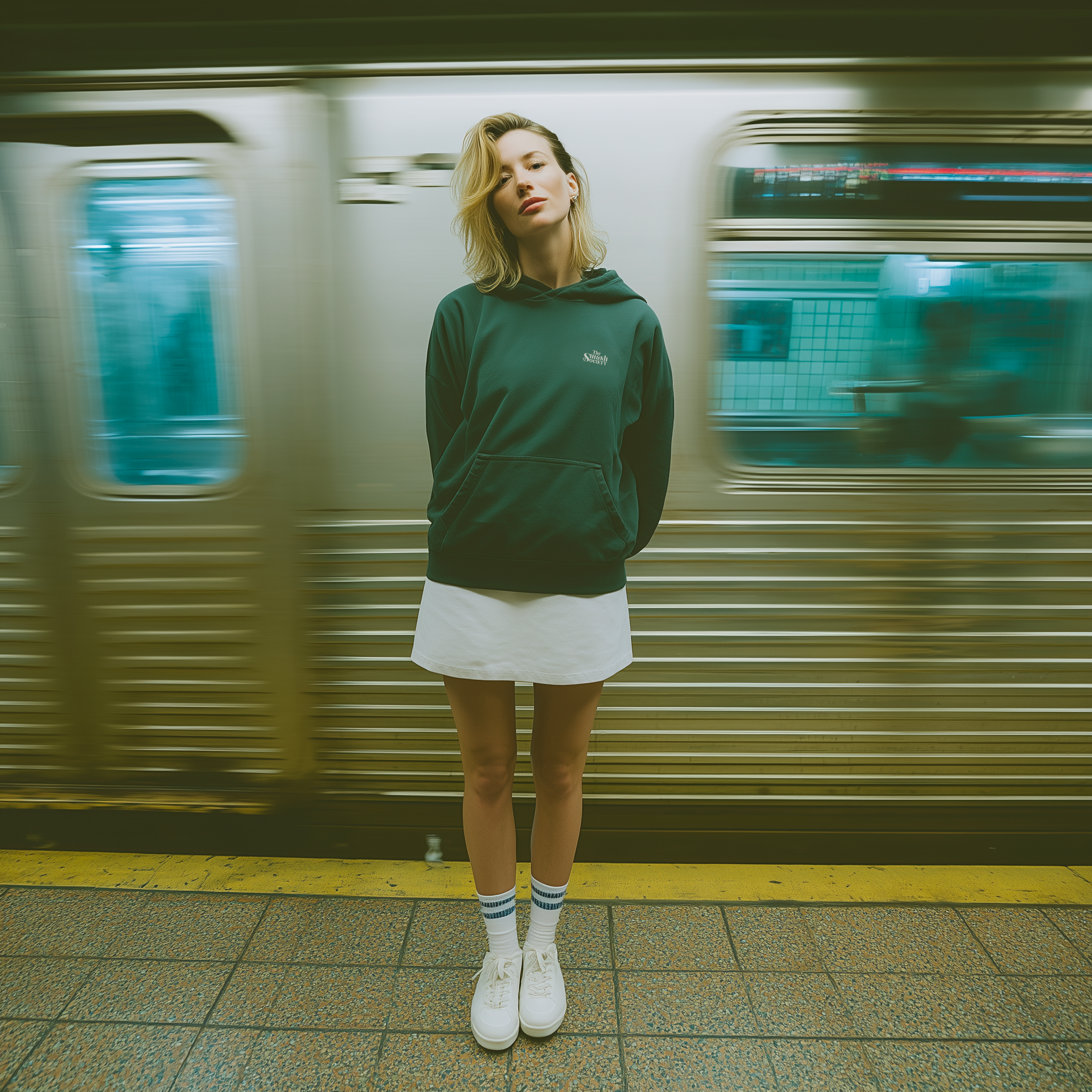 Woman in a green padel hoodie and white skirt standing on a subway platform with a moving train in the background.