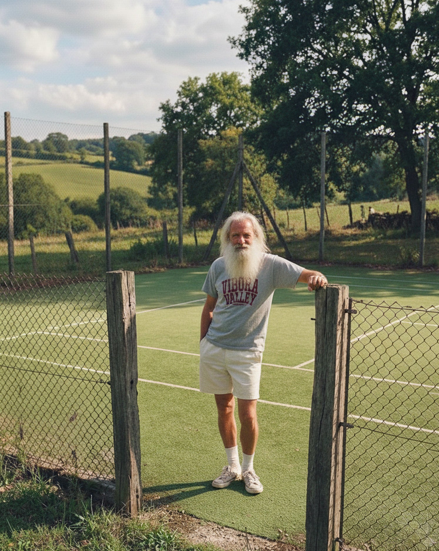 Man with a long beard standing on a tennis court with a scenic background and wearing a vibora valley grey padel t-shirt