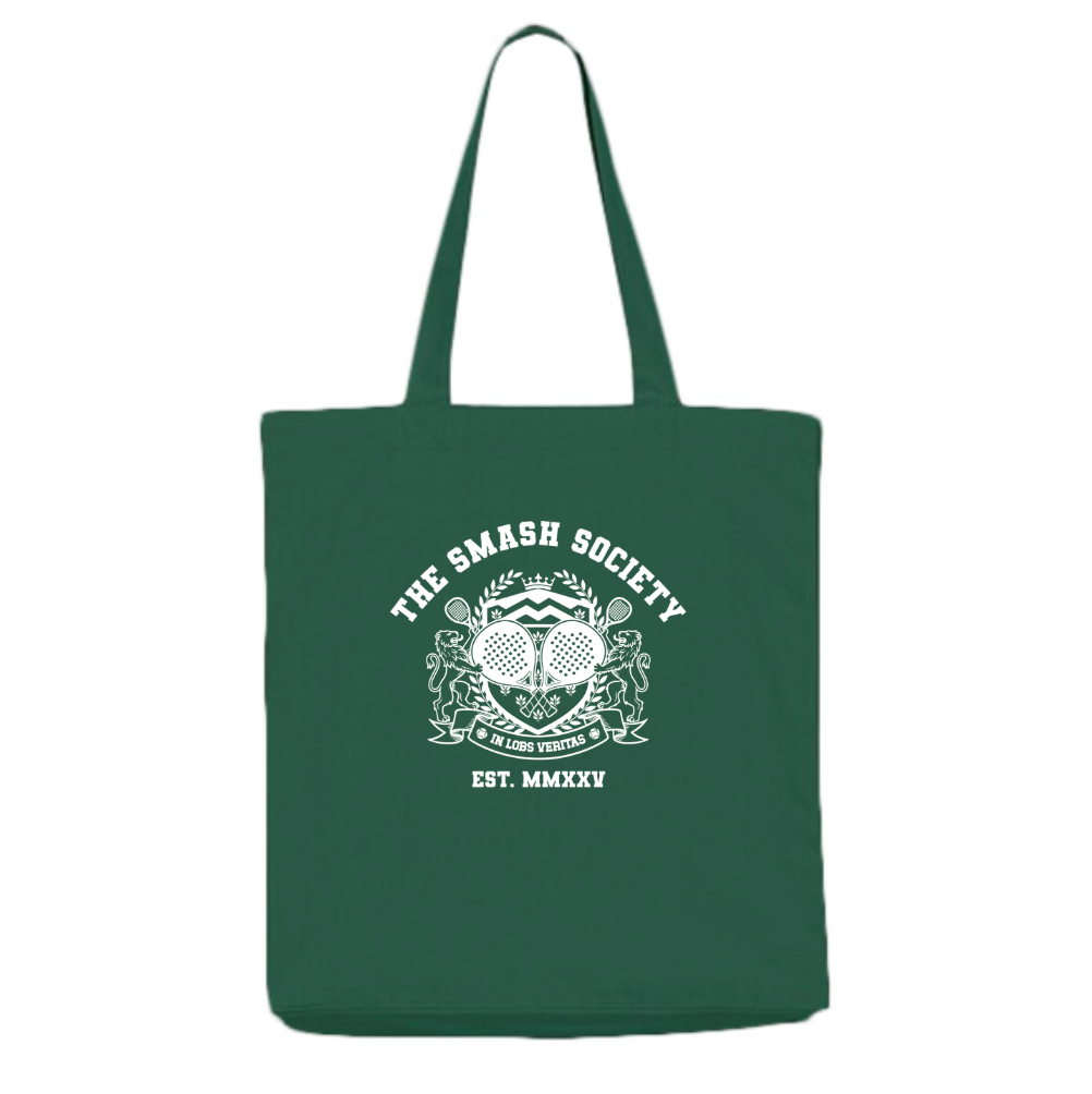 Green tote bag with 'The Smash Society' logo on a white background