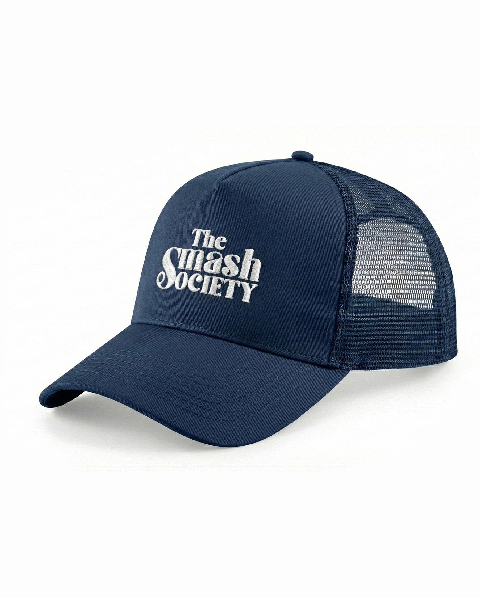 Navy blue padel cap with 'The Smash Society' text on a white background