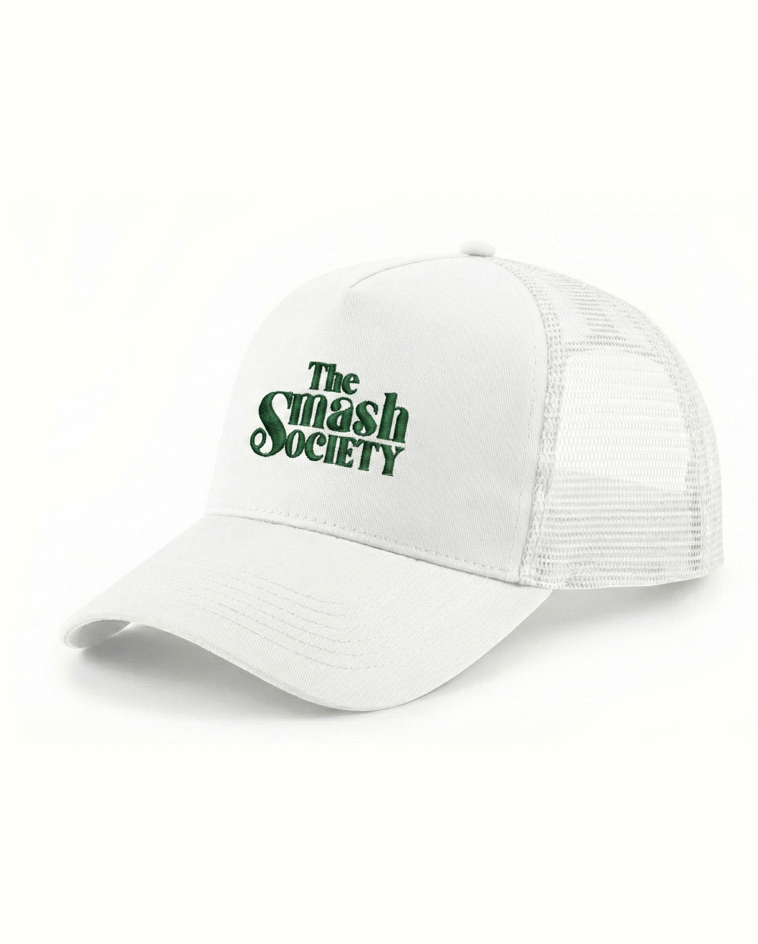 White padel cap with 'The Smash Society' text on a white background
