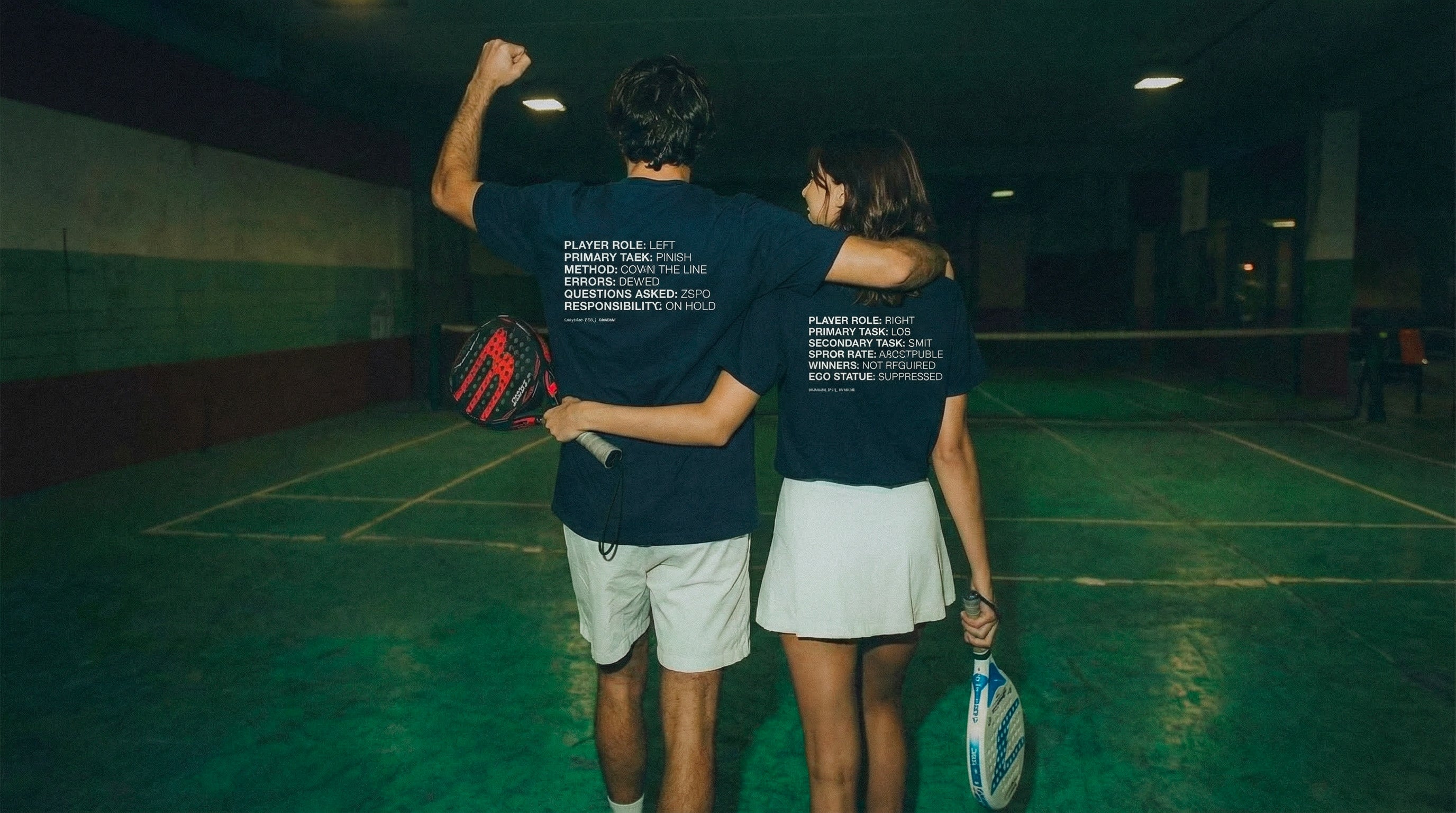 Two people on a padel court with shirts displaying text.